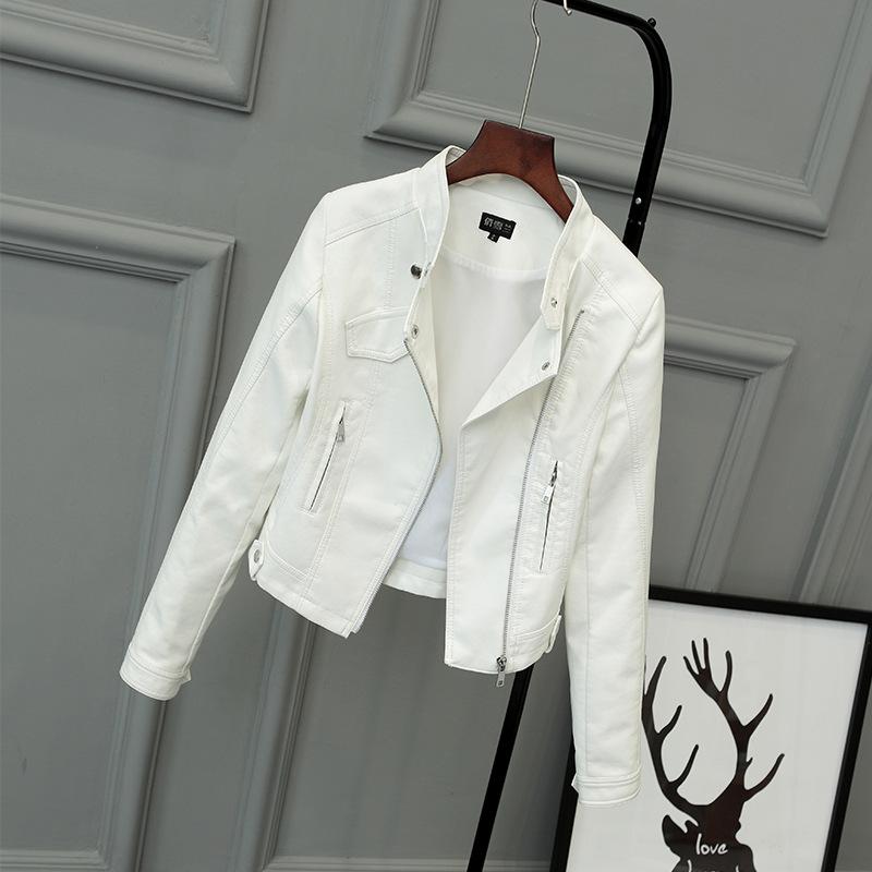 

201 Ladies Leather Jackets Spring Autumn Slim Casual Short Outerwear Mandarin Collar Zipper Motorcycle Faux Leather Jacket Women, Black