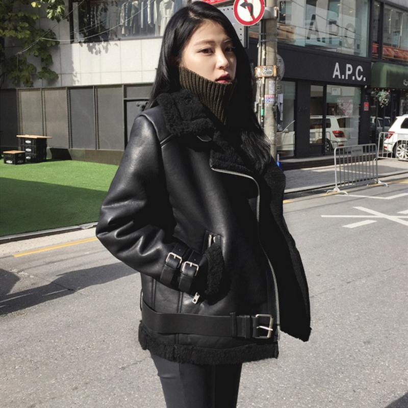 

Women Korean Fur One Lapel Motorcycle Clothing Female Lamb Wool Autumn Winter Warm PU Faxu Leather Jacket Thickened Short Coat, Black