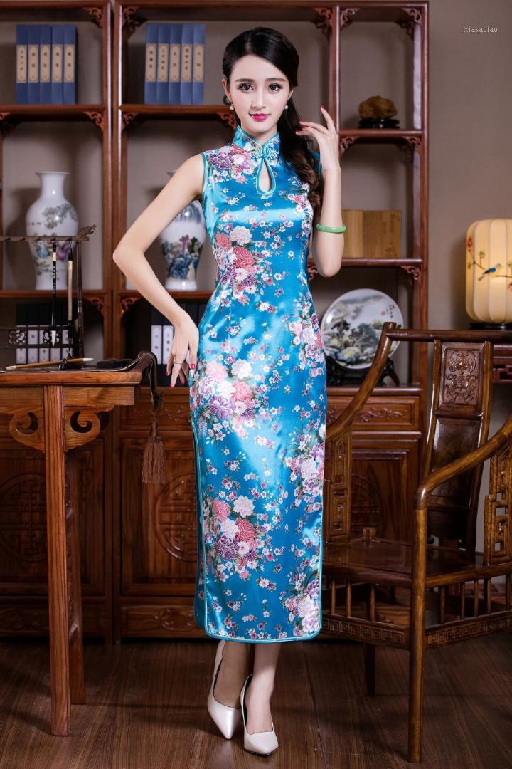

Ethnic Clothing Sexy Summer Long Cheongsam Lake Blue Vintage Chinese Style Women's Rayou Slim Qipao Dress Arrival Vestidos Size S M L XL XXL
