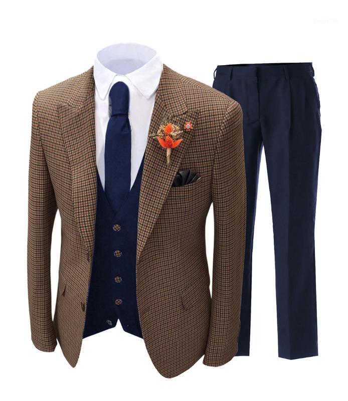 

Men's Suits & Blazers Men's Suit Brown Formal 3 Pieces Slim Fit Shawl Lapel Plaid Soft Wool Tweed Prom Grey Tuxedos Wedding Groomsmen (, White;black