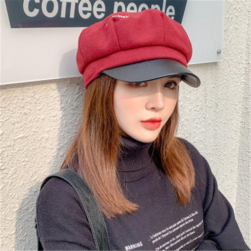 

Auutmn Winter Hats for Women Leather Brim Solid Color Octagonal Cap Hats Ladies Casual Wool Hat Winter Beret Female Artist Cap, Red