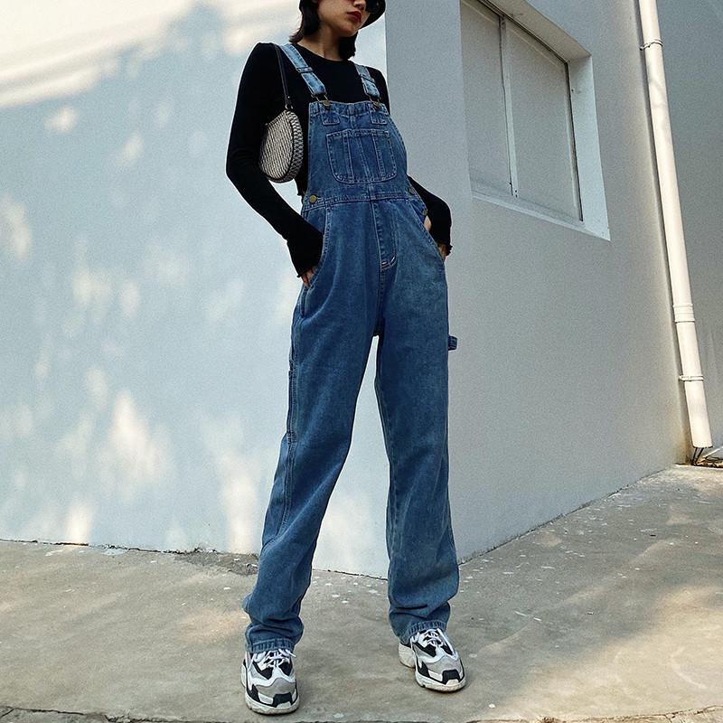 

Autumn and winter new style street casual women' solid color suspender jeans, high waist loose wide-leg one-piece jeans women, Black