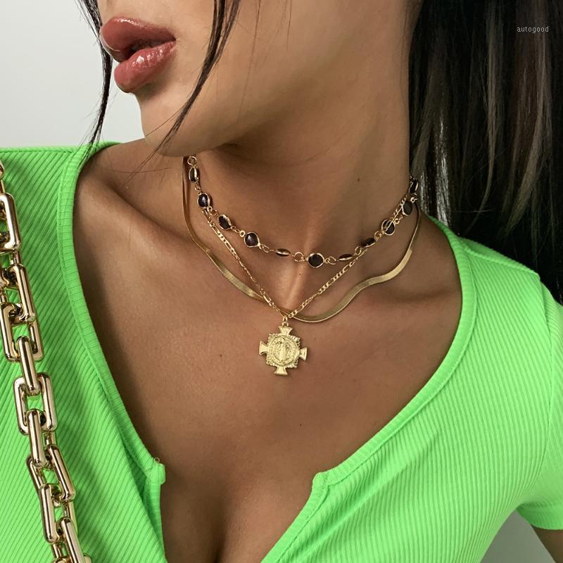 

Chokers YAAYOO 3 In 1 Pendant Gold Plated Cross Snake Chain Resin Multilayer Religious Necklaces Jewelry For Women Accessories Gift1