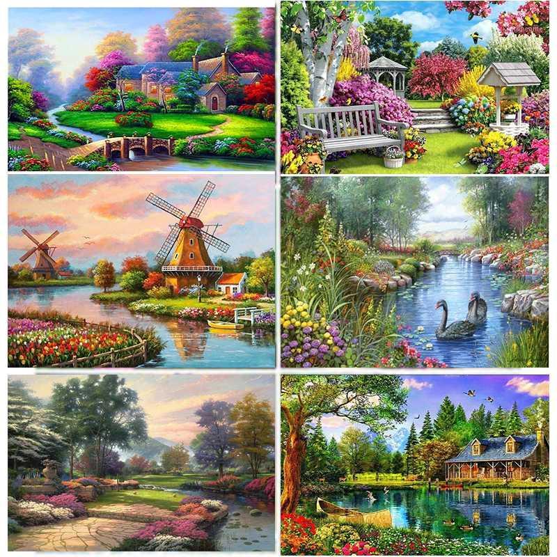 

5D Diy diamond painting Cross Stitch House Scenery Needlework Sets Embroidery Village forest Landscape Diamond Mosaic Home Decor1