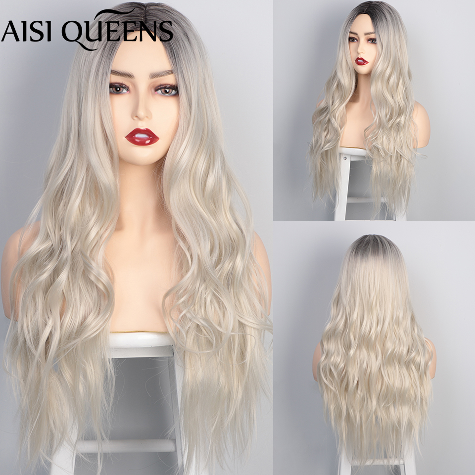 

AISI QUEENS Long Wavy Platinum Blonde Wigs Synthetic Wigs for Women Black Red Purple Daily Hair Nature High Temperature Fiber