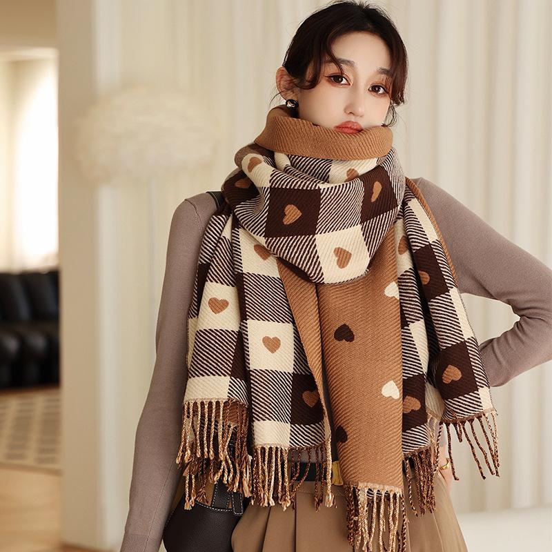 

Scarves Fringed Checkerboard Warm Love Check Cashmere Scarf Female Winter Korean Core-spun Shawl, Blue;gray