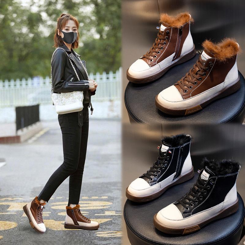 

Women's Sports Boots Winter Shoes Woman Genuine Leather Ankle Boot Female Flat Plush Casual Warm Footwear Retro Sneakers, Black