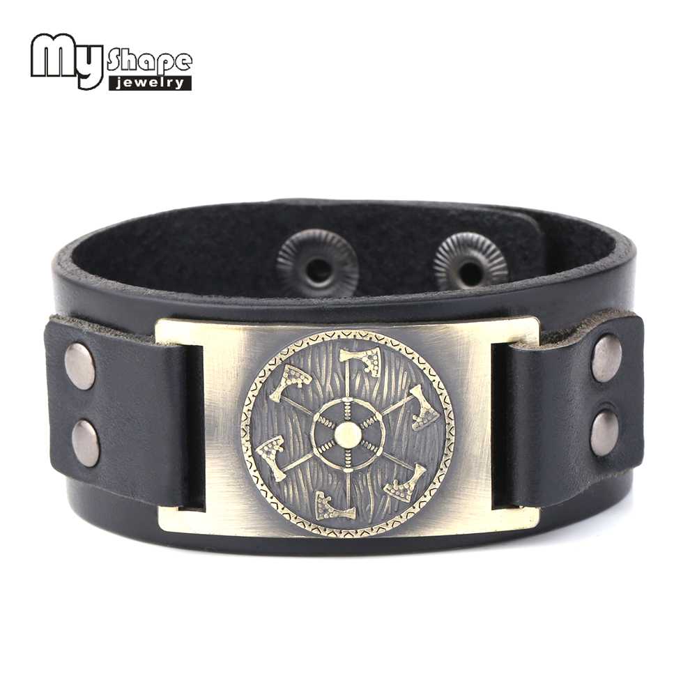 

my shape Viking Axe Pendant Men Jewelry Shield Norse Mythology Nordic Fashion Bracelet Leather Pulseira Masculina Bileklik