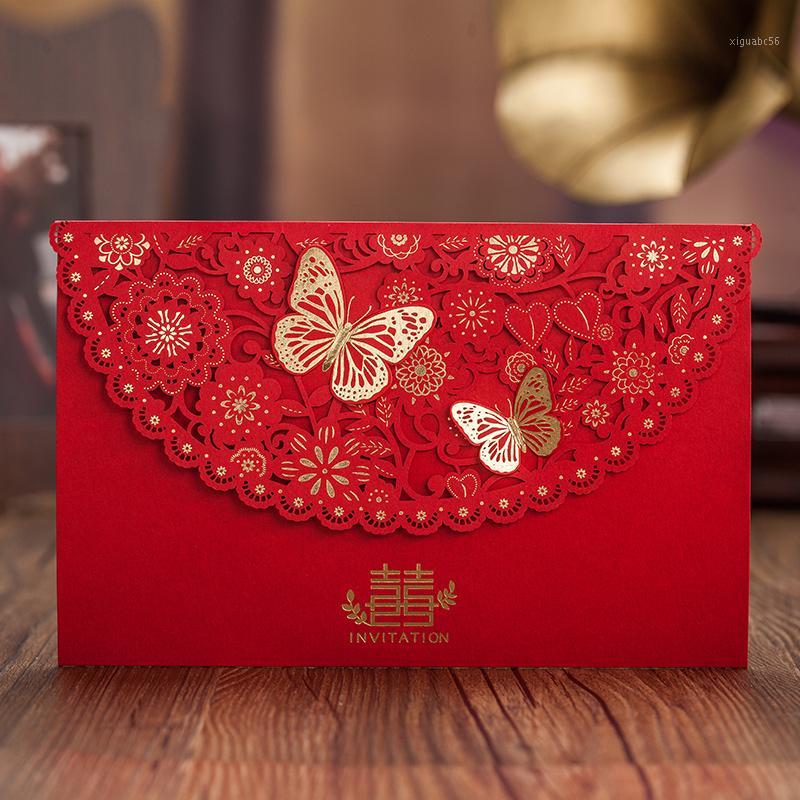 

Wholesale-Chinese Style Red 3D Butterfly Decor Happiness Wedding Invitation Card, CW5521 Gold Foil Laser cut Process Invitation card1