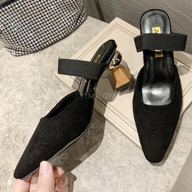 

New Sandals Women High Quality Sexy Pointed Toe Design Heels Shoes Fashion Handmade Beach Slippers Zapatillas Mujer Casa, Black