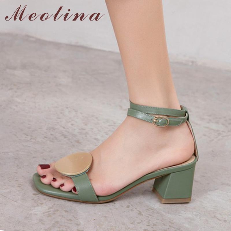 

Meotina Metal Decoration High Heel Sandals Ankle Strap Women Shoes Square Toe Block Heels Ladies Sandals Summer Shoes Green 43