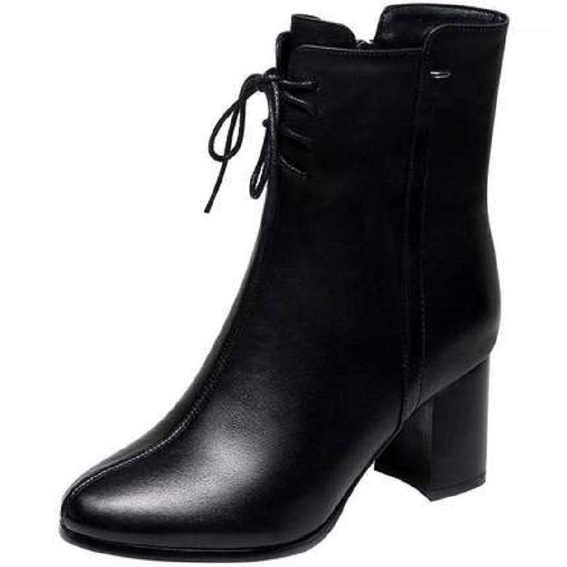 

Short tube female spring and autumn single boots high heel thick with pointed boots winter plus velvet horsewoman1, Black