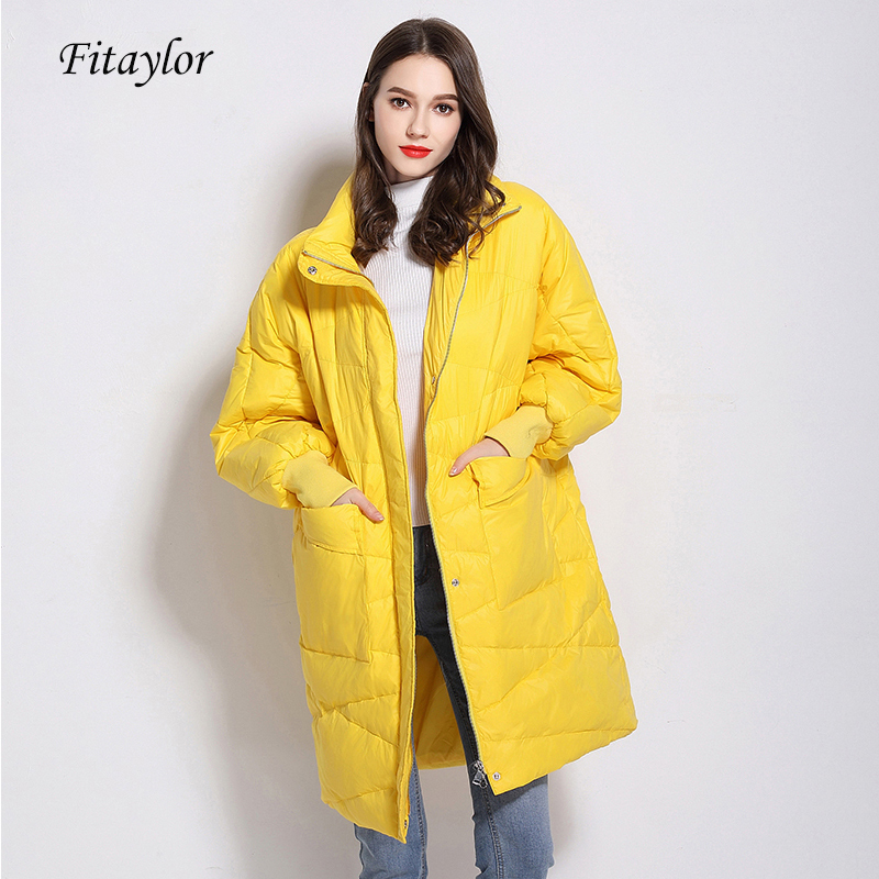 

Fitaylor Winter High Quality Stand Collar Long Jacket Women 90% White Duck Down Coat Loose Parkas Female Red Warm Snow Outwear 201103, Black