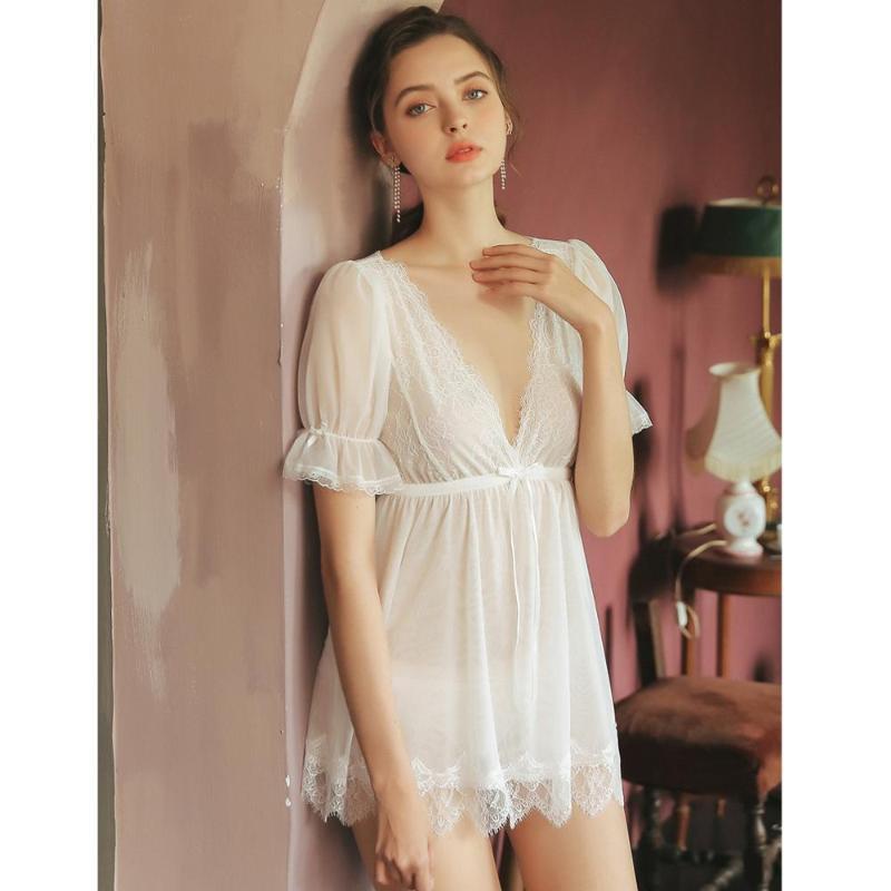 

yhotmeng sexy nightdress Women sleepwear Breathable sexy big V-neck ladies summer thin net yarn lace princess style short, White