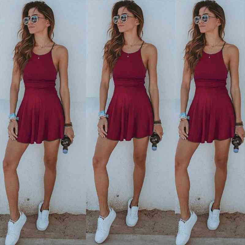 

fashion women dress summer casual sleeveless solid female beach dress ladies short mini womens clothing sundress, Black;gray