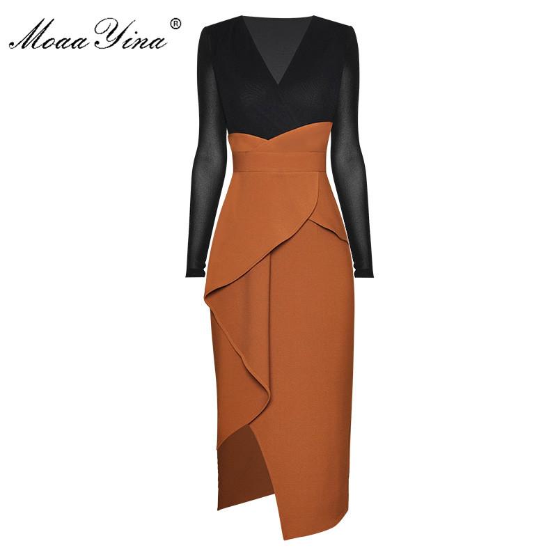 

MoaaYina Fashion Designer dress Spring Women Dress V-neck Long sleeve Patchwork Package buttocks Ruffles Asymmetrical Dresses, Black