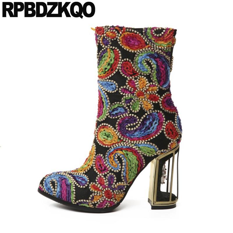 

embroidered embroidery high heel crossdresser flower pointed toe handmade 10 chunky boots shoes women big size, Green