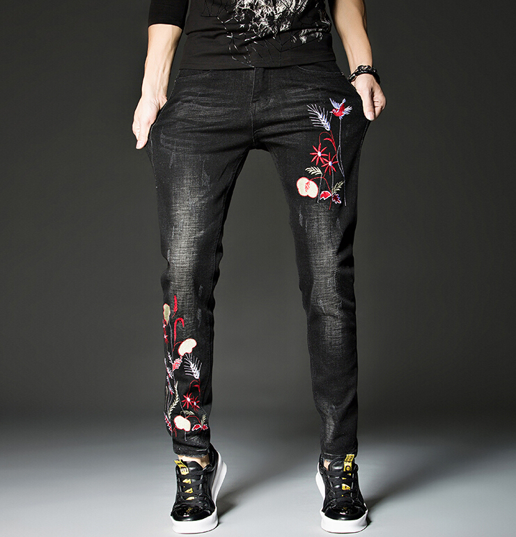 

Embroidery Men's Brim Pants Body-building Flower Jean Stretch Tension Autumn and Winter Mirror Klzv, Black