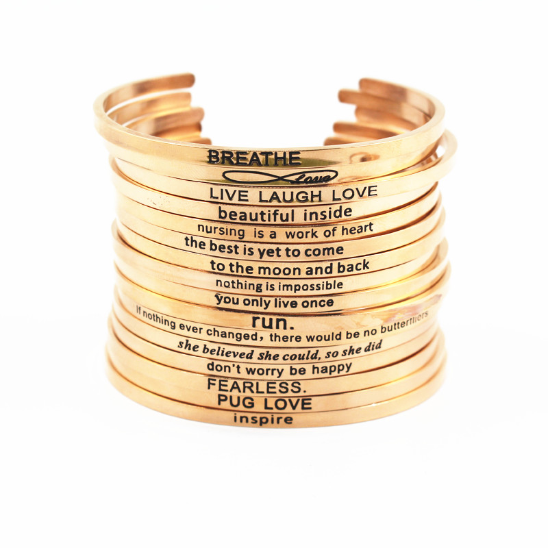 

Rose gold Stainless Steel Engraved Positive Inspirational Quote Hand Mantra Bangle for women gift