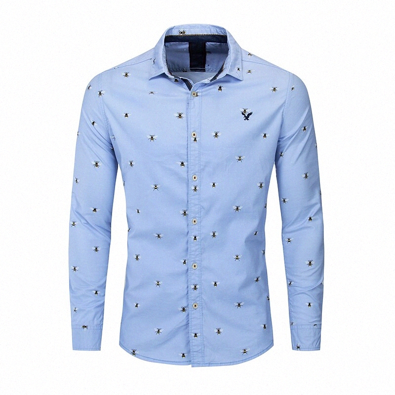 Chemise Hommes Bee Collier Street Daily Bouton Down Tops à manches longues Coton Casual Fashion Confortable Blue L2Vy #