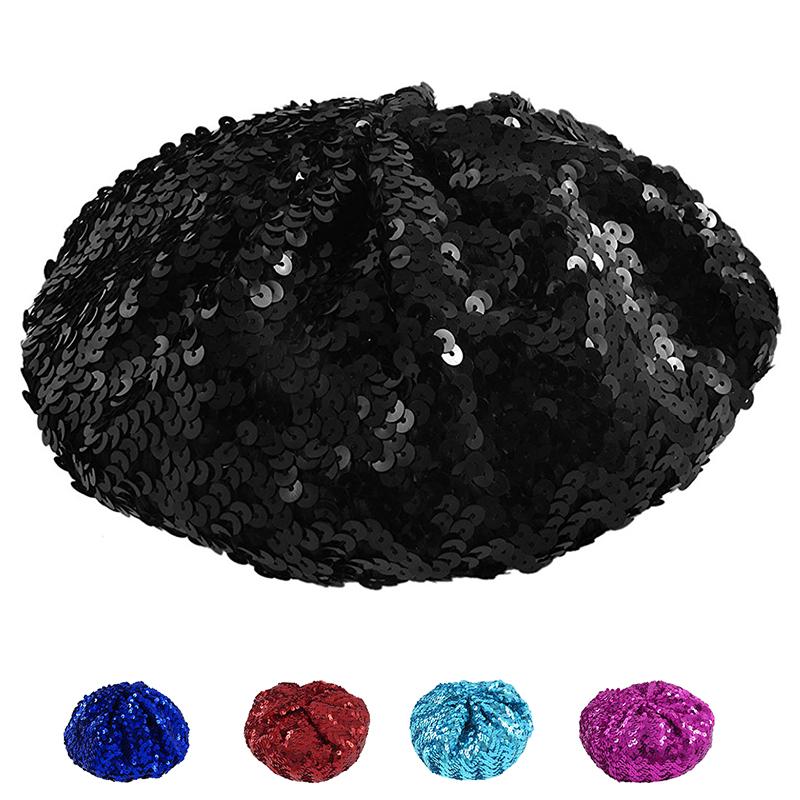 

Lady Costume Stretch Sparkly Shining Sequin Beret Beanie Hat Blue, Sky blue