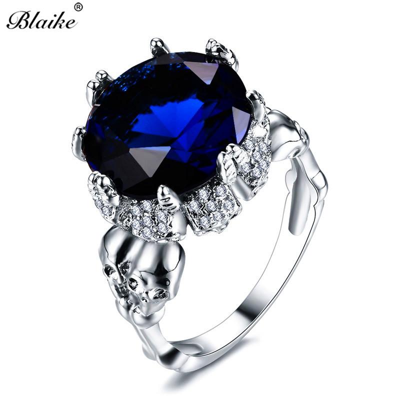 

Blaike Punk Vintage Double Skull Blue Crystal Zircon Rings For Women Men Silver Color Jewelry Birthstone Ring Gift