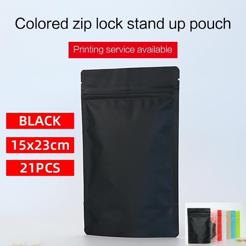 

15x23cm 21pcs matte black stand up pouch with zipper aluminum foil bag colored coffee bean packaging bag