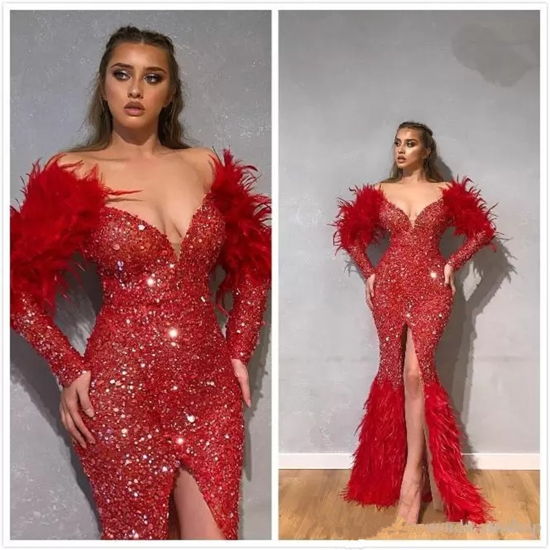 

Designer Red Luxurious Crystals Evening Dresses Feather Major Beads Sequins Mermaid Prom Dress High Split Formal Party Robe De Mariée, Light purple