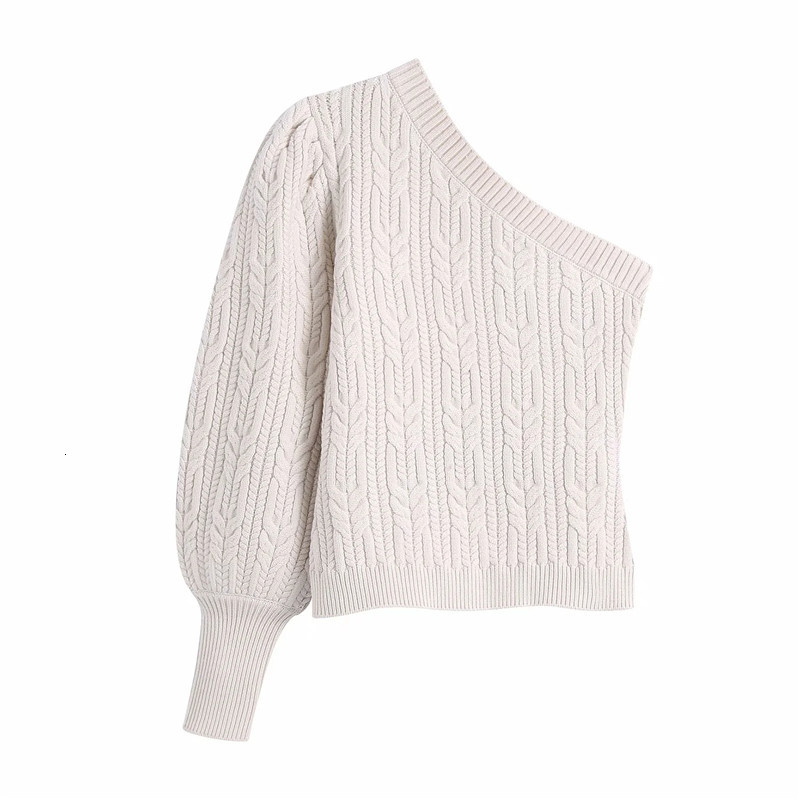 

New Beige One Shoulder Knitted Woman 2021 Y2k Asymmetric Puff Long Sleeve Crop Sweater Women Fashion Streetwear Guoh