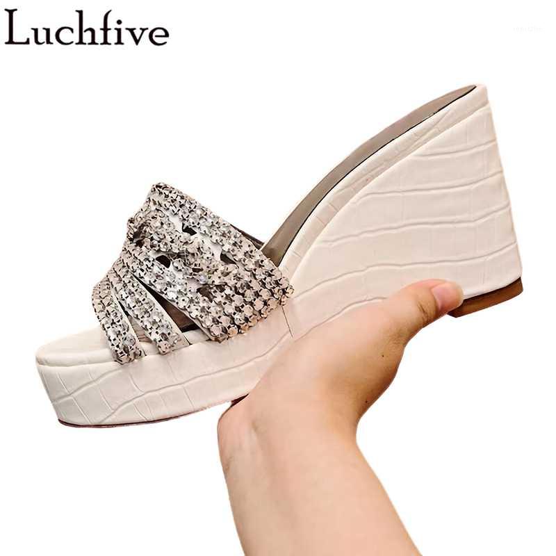 

Sexy DIamond Slippers Women High Wedges Slides Ladies Shoes Open Toe Shoes Woman White Zapatos Mujer1, Red