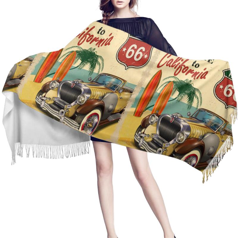 

Women Cashmere Scarf Autumn Winter Hijab Wrap Retro Car Seaside Beach Poster California Printed Shawls Headband Ladies Scarves