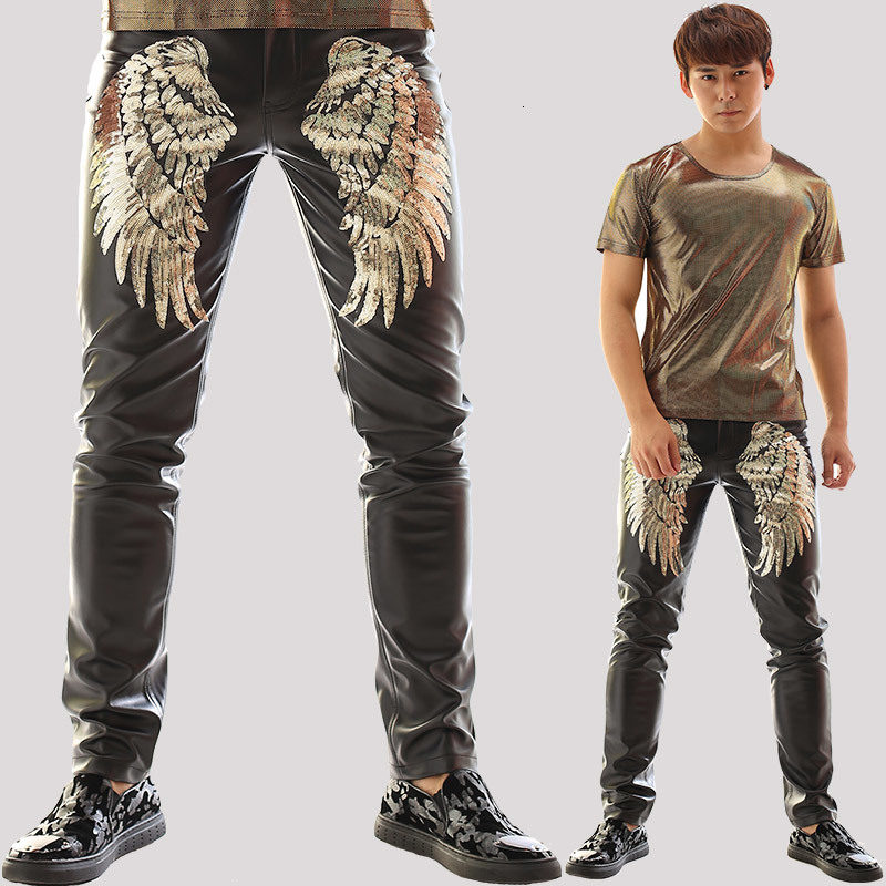 

2021 New 2744!! Rock'n'roll Clothes Thin Body Pants Dress Dj Club Singer Alternative Punk Leather Pants. 1X1R, Black