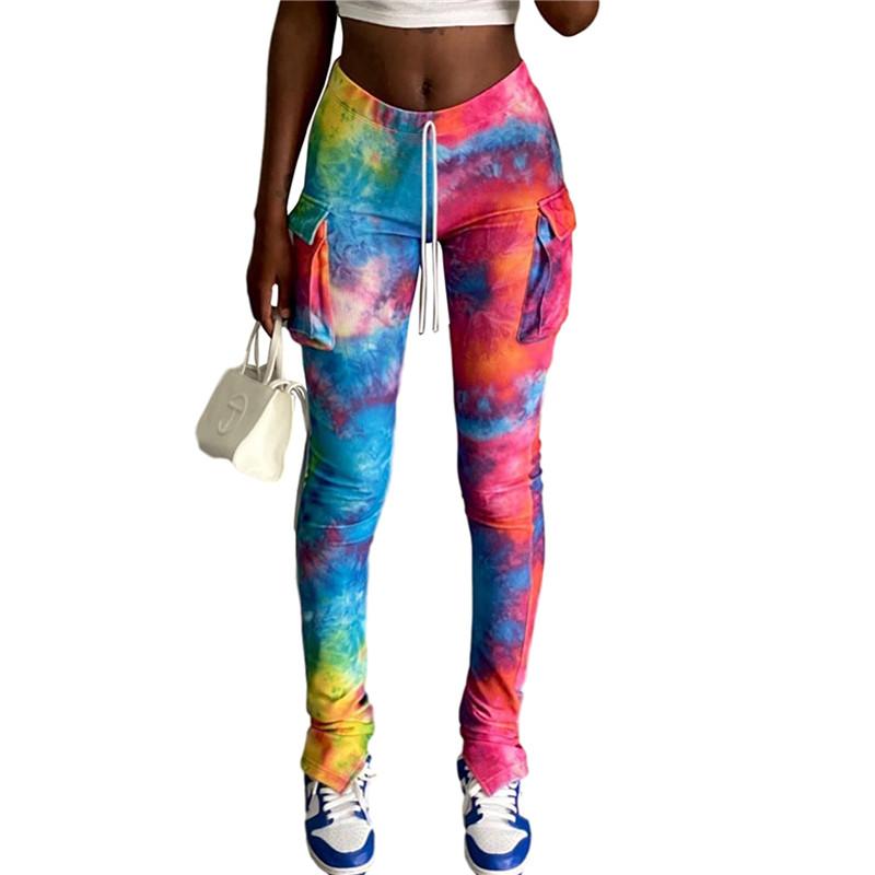 

Xingqing Women Fashion High Waist Tie-dye Pants Casual Pocket Pants for Shopping Daily Wear Drawstring Ladies Trousers, As photo shows