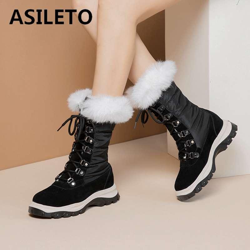 

ASILETO warm winter boots lace up plush ankle boots waterproof down+cow suede leather booties wedge heels botas mujer size 41, Black
