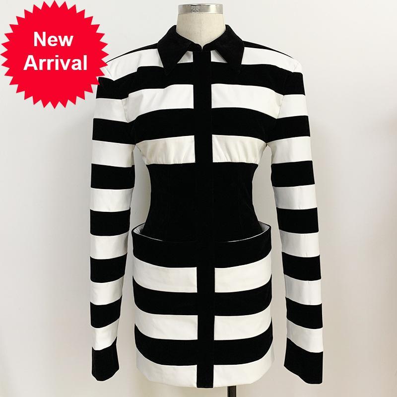 

2021 New Runway Deaign New Luxury Party Black Striped White Fashions Chic Female Autumn Mini Winter Dress Dhml, Blue