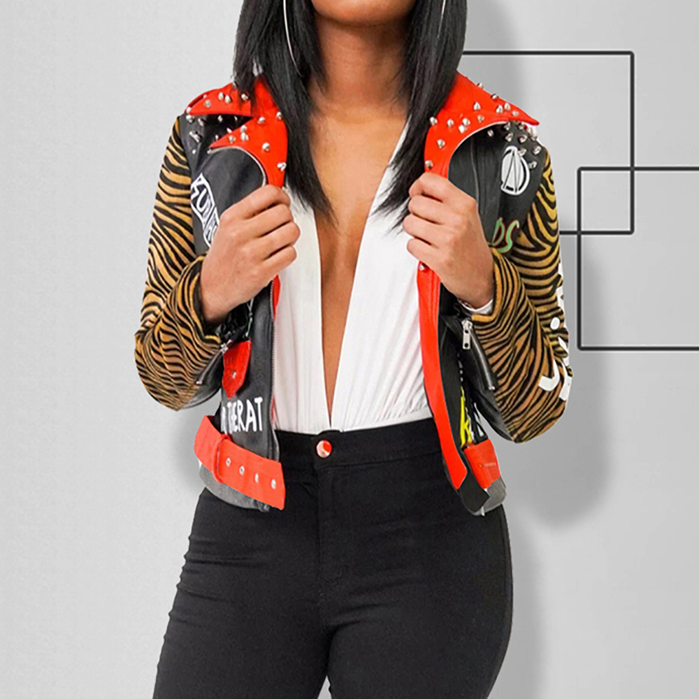 

Women's Studded Leather Printing Casual Fashion Coat Rivet Cool and Show Charm Slim Short Jacket 201106, Black