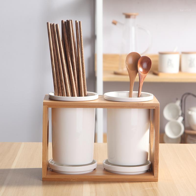 

Creative Ceramic Porcelain Wood Chopsticks Double Storage Rack Porous Drain Holder Spoon Knife Fork Kitchen Storage Organization1