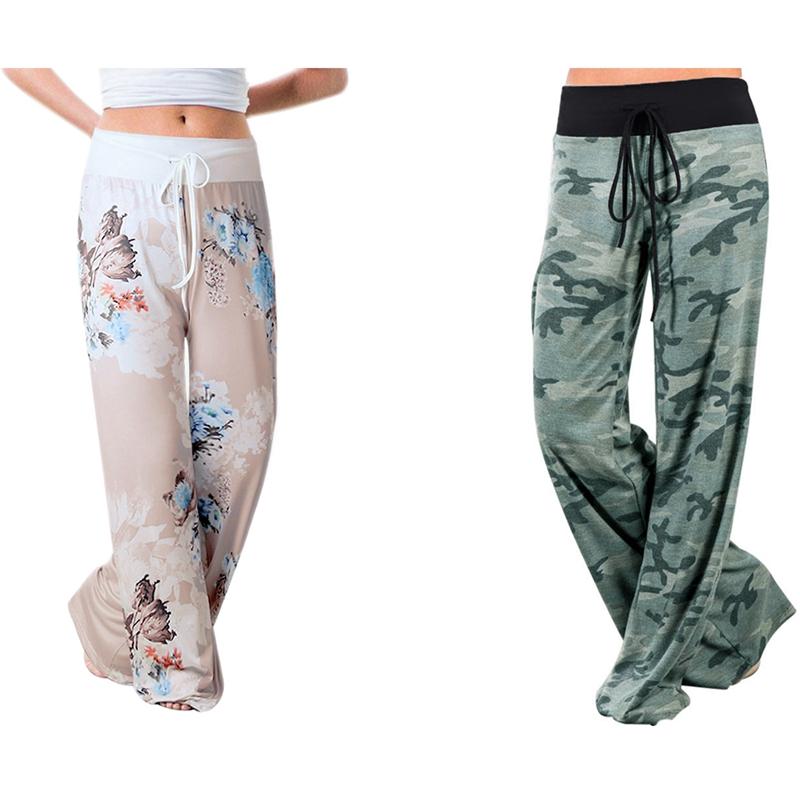 

2 Pcs Women's Joggers Pants Sports Yoga Pants Trousers Wide Leg Pant High Waist Sweatpants Khaki & Green Camouflage, As shown