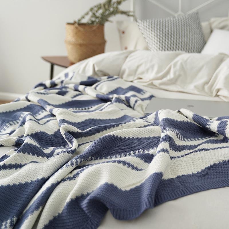 

Knitted Blanket With Towel Bed Cover Blanket Nordic Style Blue And White Stripe Plush Blanketbedspread