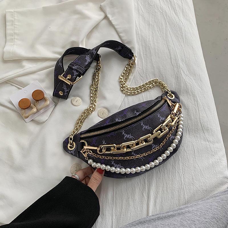 

Women's new fashion animal print chest bag brand luxurydesign pearl crossbody bag female metal thick chain belt pillow, Beige