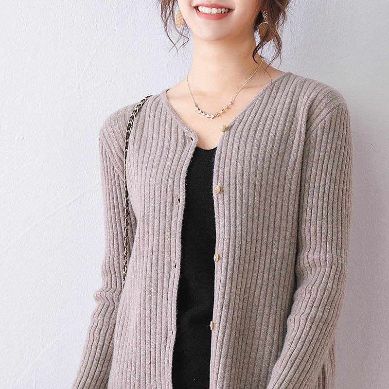 

2021 100% Wool Cardigans for Women New Spring Fashion Jackets High Quality V-neck Long Sleeve Jumpers Female Woolen Clothes Gso5, Gray