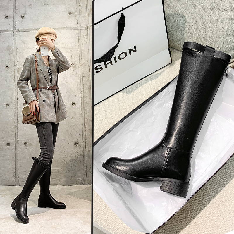 

2020 New Red Ankle Long Boots Female below the Knee Knight Boots Autumn and Winter New Chunky Heel-Large and Small Size High Boots Wholesale, Black (single)