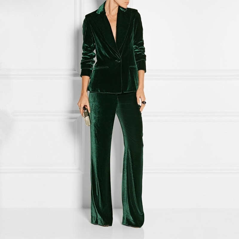 Formal Slim Fit Women's Business Work Wear 2 Pieces Dark Green Velvet Office Ladies Fashion Stylish Suits Jacket Pants Set 201030