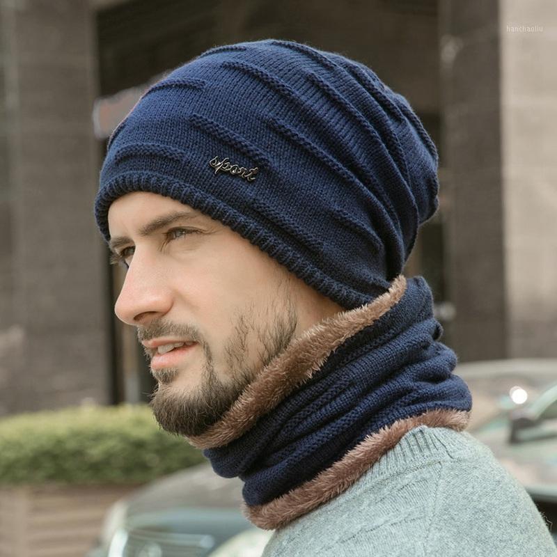 

2020 Warmer Hat Scarf Set Autumn Thick Thermal Fluffy Knitted Cap Neck Winter Men Warmer Headwear1, Navy