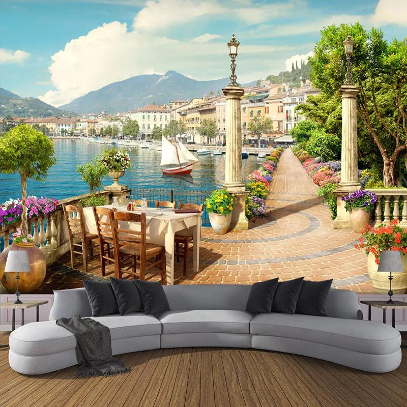 

Custom Wall Murals Garden Balcony Lake Scenery Photo Wall Paper For Living Room Bedroom Dining Room Decor Papier Peint Mural 3D, As pic