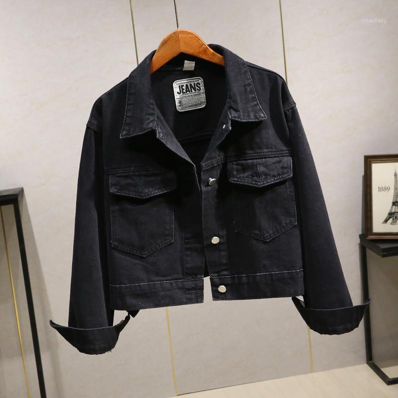 

Vintage style Spring Denim Jacket Women Big size Loose Pocket Long sleeve Jeans Jacket Female Casual Solid Basic Coat Streetwear1, Black