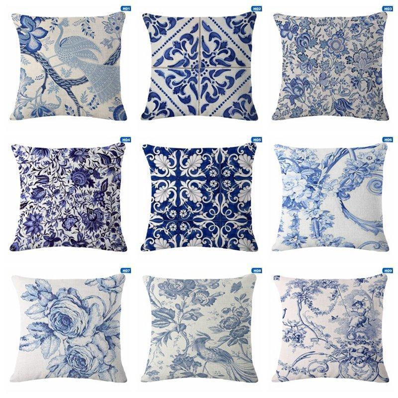 

Cushion Covers Blue White Printed Linen Cushion Cover High Quality Sofa Bedding Vintage Decorative Throw Pillow Case1, 05