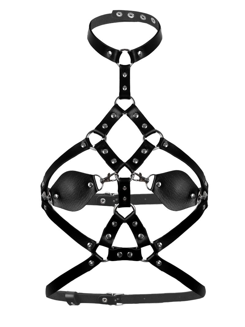 

Goth PU Leather Bra Black Halter Chest Harness Woman Sexy Lingerie Edgy Bondage Harness Elastic Body Belt Adjustable Cage Bra