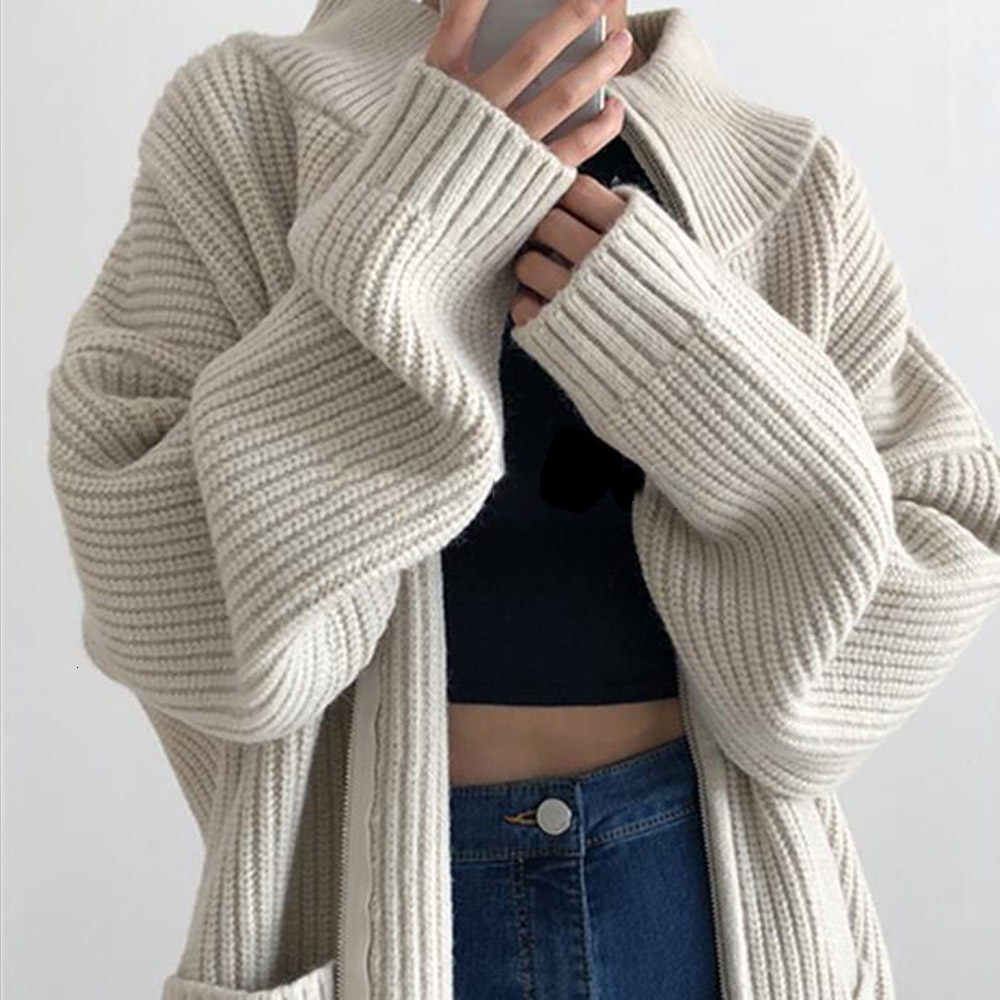 

2021 New Spring Women Knitted Sweater Tops Korean Japan Plain Zipper Trutleneck Cardigan Jumpers Female Loose Sweaters 9WGD, Beige