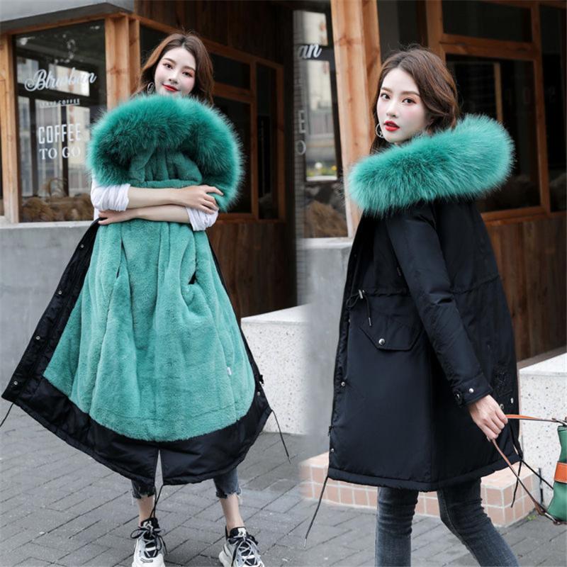

New Arrival Women Autumn Winter Jacket Cotton Lining Padded Warm Big Fur Collar Long Coats Parka Womens Jackets Office Lady, As picture